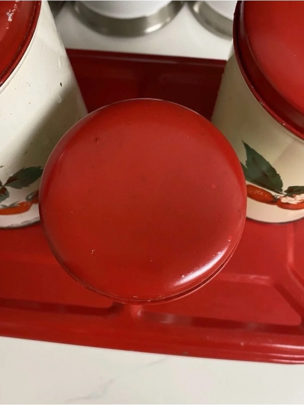 Vintage Strawberry Shabby Chic Hinged Red Metal Bread Box & Canister Set